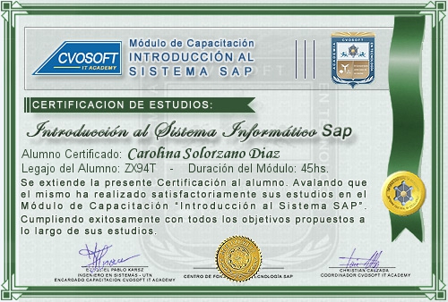 Certificaci�n de estudios en Curso Introducci�n SAP