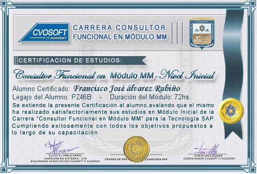Certificaci�n de estudios en Carrera Consultor SAP MM Nivel Inicial