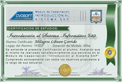 Certificación de estudios en Curso Introducción SAP