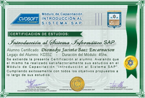 Certificaci�n de estudios en Curso Introducci�n SAP