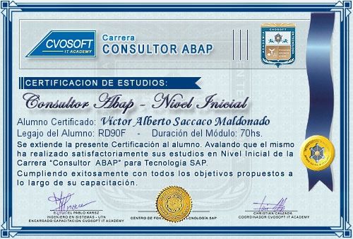 Certificación de estudios en Carrera Consultor ABAP Nivel Inicial