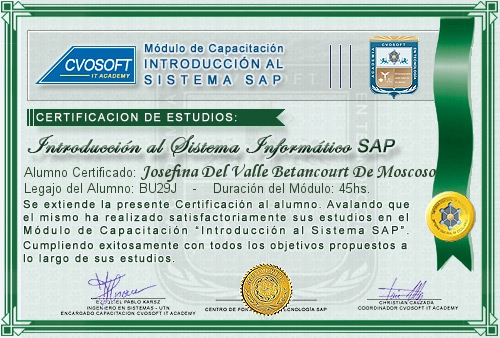 Certificaci�n de estudios en Curso Introducci�n SAP