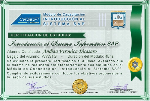 Certificación de estudios en Curso Introducción SAP