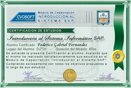 Certificaci�n de estudios en Curso Introducci�n SAP