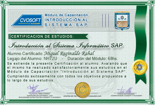 Certificaci�n de estudios en Curso Introducci�n SAP