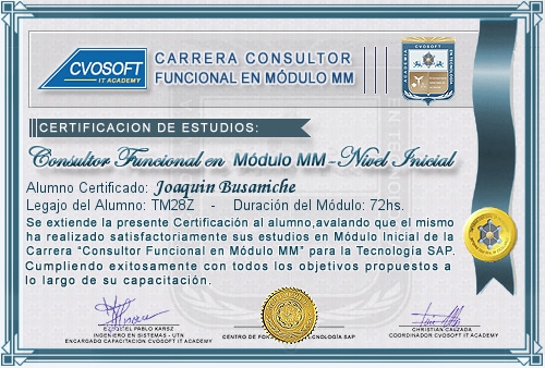 Certificaci�n de estudios en Carrera Consultor SAP MM Nivel Inicial