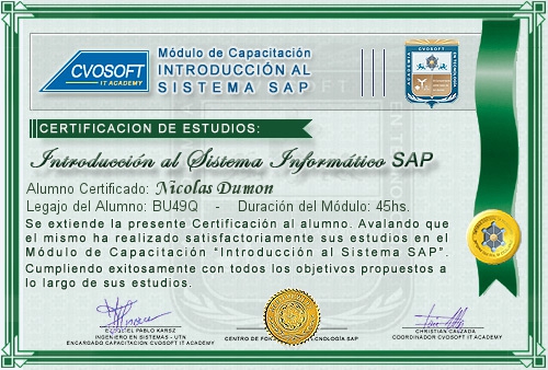 Certificaci�n de estudios en Curso Introducci�n SAP
