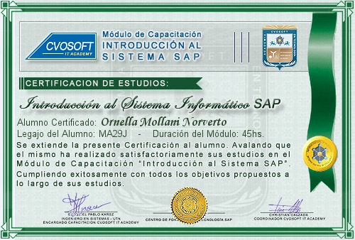 Certificaci�n de estudios en Curso Introducci�n SAP