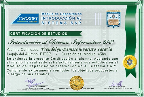 Certificaci�n de estudios en Curso Introducci�n SAP