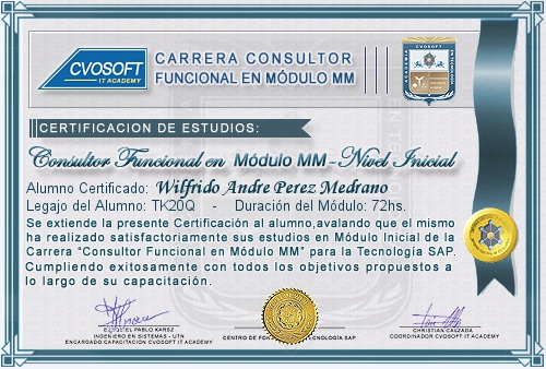 Certificación de estudios en Carrera Consultor SAP MM Nivel Inicial