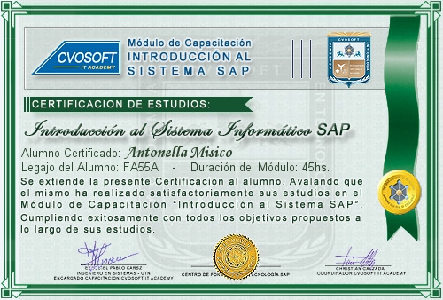 Certificaci�n de estudios en Curso Introducci�n SAP