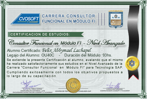 Certificaci�n de estudios en Carrera Consultor SAP FI Nivel Avanzado