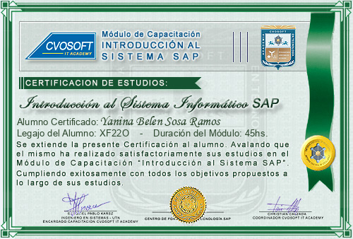 Certificaci�n de estudios en Curso Introducci�n SAP