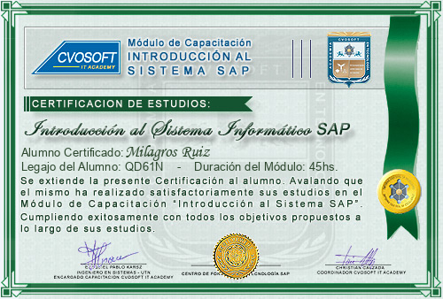 Certificaci�n de estudios en Curso Introducci�n SAP