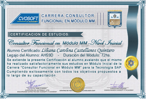Certificaci�n de estudios en Carrera Consultor SAP MM Nivel Inicial