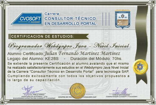 Certificación de estudios en Programador WebDynpro JAVA Nivel Avanzado