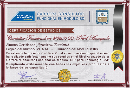 Certificaci�n de estudios en Carrera Consultor SAP SD Nivel Avanzado