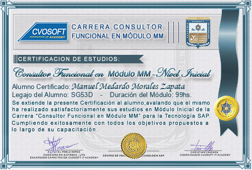 Certificaci�n de estudios en Carrera Consultor SAP MM Nivel Inicial