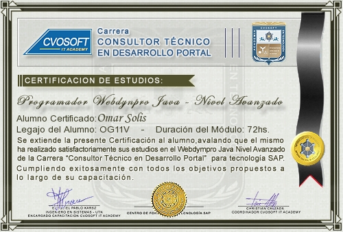 Certificación de estudios en Programador WebDynpro JAVA Nivel Avanzado