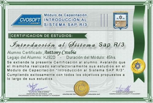 Certificaci�n de estudios en Curso Introducci�n SAP