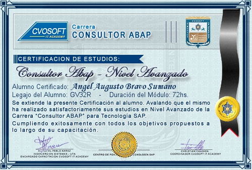 Certificaci�n de estudios en Carrera Consultor ABAP Nivel Avanzado