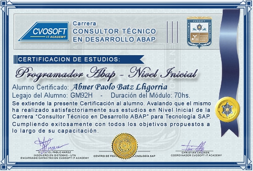 Certificación de estudios en Carrera Consultor ABAP Nivel Inicial