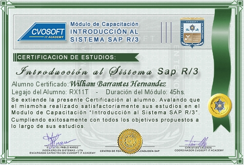Certificaci�n de estudios en Curso Introducci�n SAP