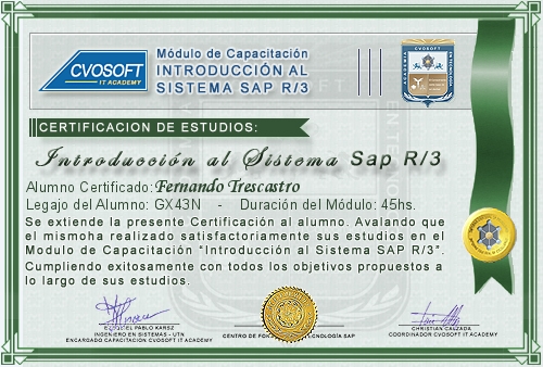 Certificaci�n de estudios en Curso Introducci�n SAP
