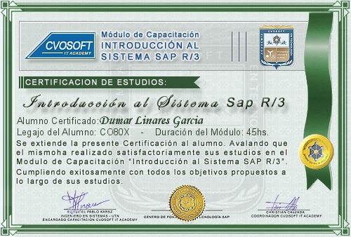 Certificaci�n de estudios en Curso Introducci�n SAP