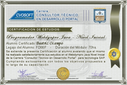 Certificación de estudios en Programador WebDynpro JAVA Nivel Avanzado