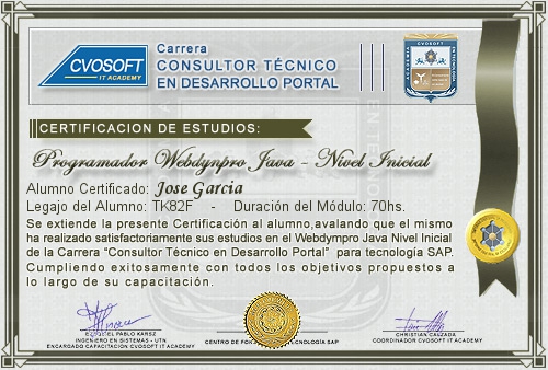 Certificación de estudios en Programador WebDynpro JAVA Nivel Avanzado