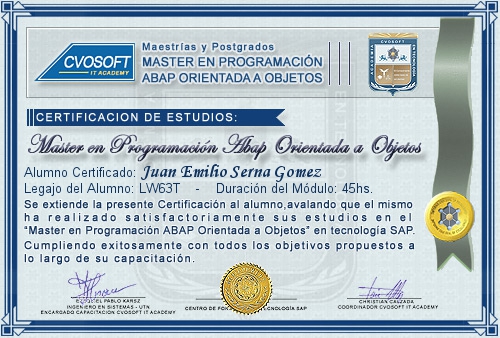 Certificación de estudios en Master en Programación ABAP Orientado a Objetos
