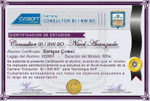 Certificación de estudios en Carrera Consultor SAP BI / BW BO Nivel Avanzado