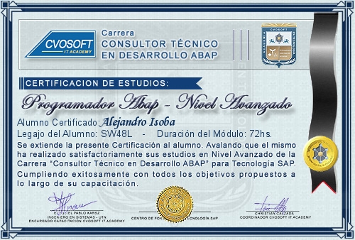 Certificaci�n de estudios en Curso SAP ABAP Avanzado
