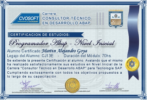 Certificaci�n de estudios en Carrera Consultor ABAP Nivel Inicial