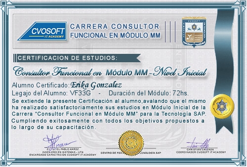 Certificación de estudios en Carrera Consultor SAP MM Nivel Inicial