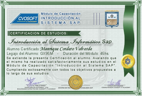 Certificaci�n de estudios en Curso Introducci�n SAP