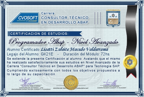 Certificaci�n de estudios en Carrera Consultor ABAP Nivel Avanzado