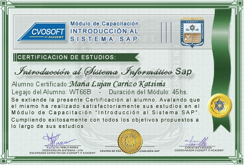 Certificaci�n de estudios en Curso Introducci�n SAP