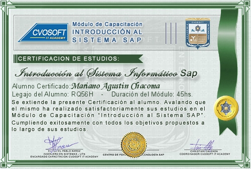 Certificaci�n de estudios en Curso Introducci�n SAP