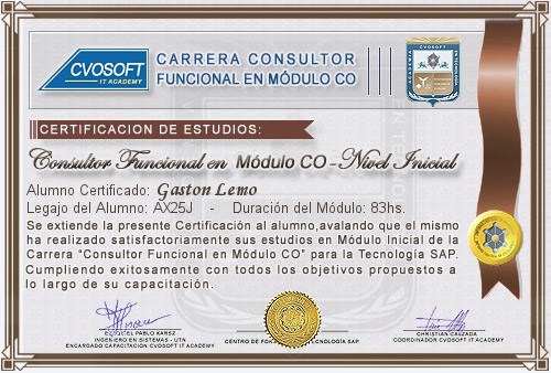 Certificaci�n de estudios en Carrera Consultor SAP CO Nivel Inicial