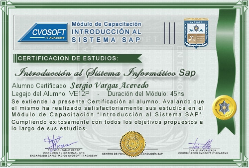Certificaci�n de estudios en Curso Introducci�n SAP