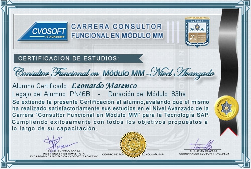 Certificaci�n de estudios en Carrera Consultor SAP MM Nivel Avanzado