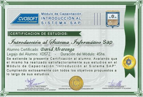 Certificaci�n de estudios en Curso Introducci�n SAP