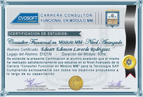Certificación de estudios en Carrera Consultor SAP MM Nivel Avanzado