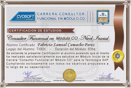 Certificaci�n de estudios en Carrera Consultor SAP CO Nivel Inicial
