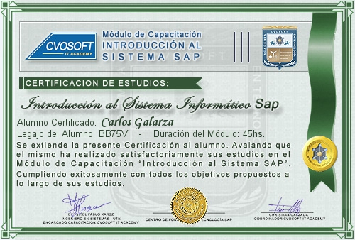 Certificaci�n de estudios en Curso Introducci�n SAP