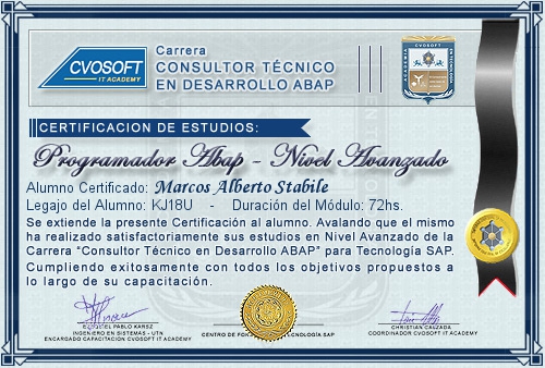 Certificaci�n de estudios en Carrera Consultor ABAP Nivel Avanzado