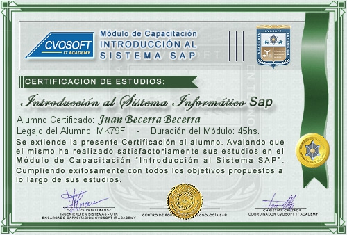Certificaci�n de estudios en Curso Introducci�n SAP