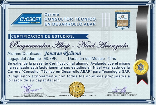 Certificaci�n de estudios en Carrera Consultor ABAP Nivel Avanzado